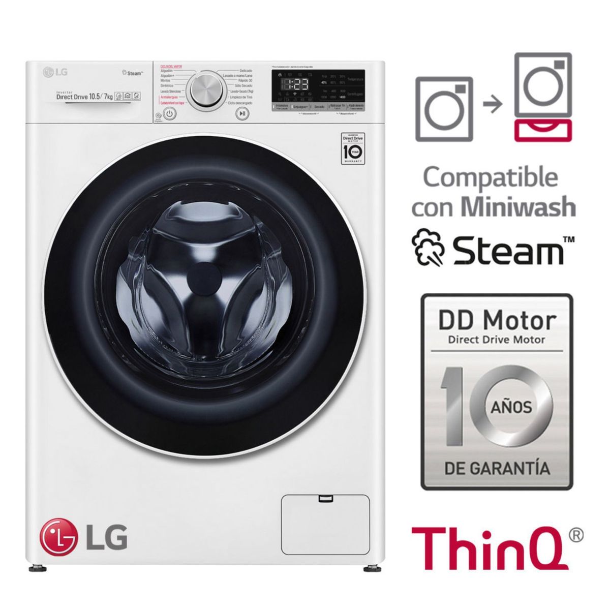 LG - Lavaseca 10.5/7 Kg LG Carga Frontal  con AI DD Inteligencia Artificial WD10WVC4S6 Blanca
