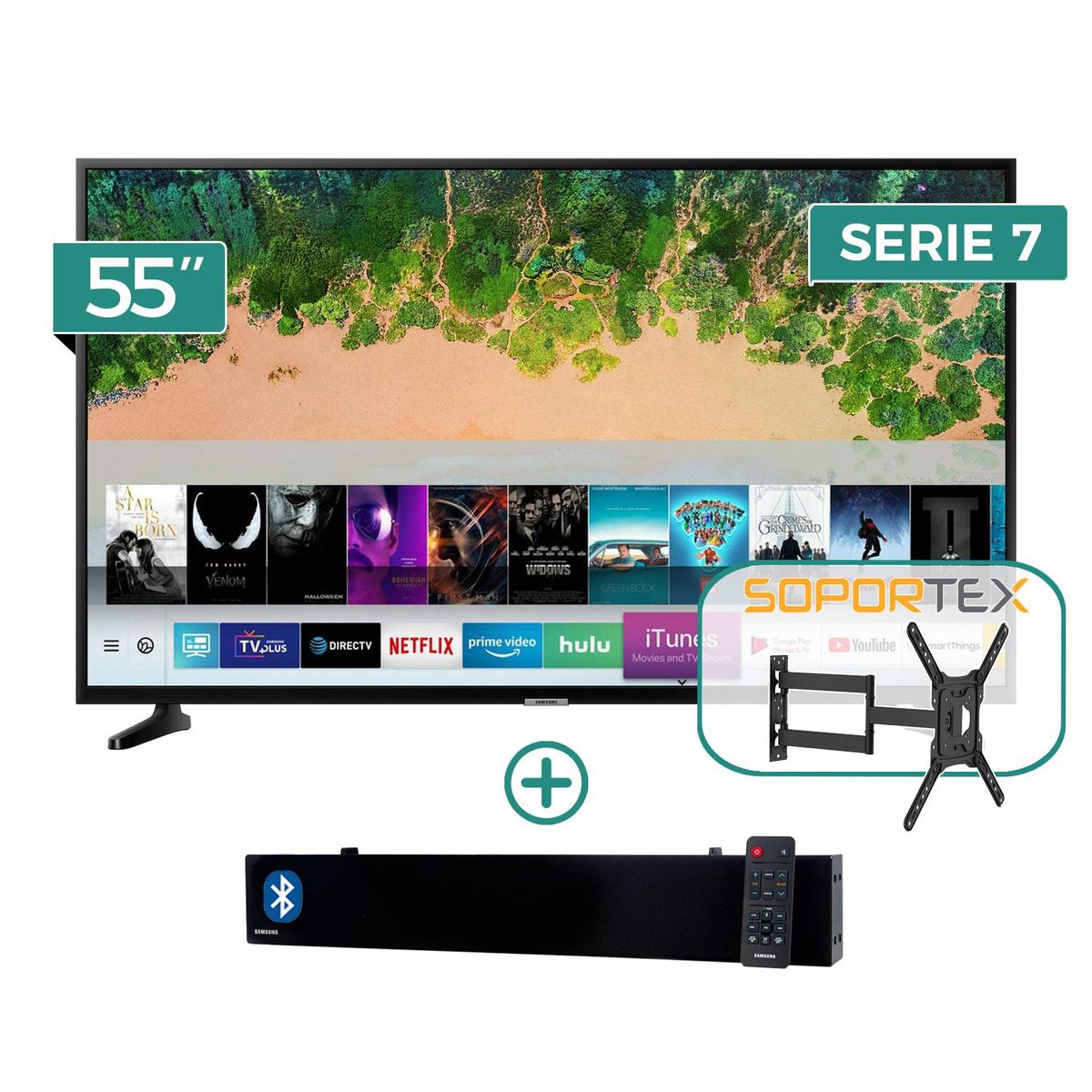 SAMSUNG - Combo Televisor LED Smart TV 4K Ultra HD 55" 55NU7095 + Soundbar + Rack