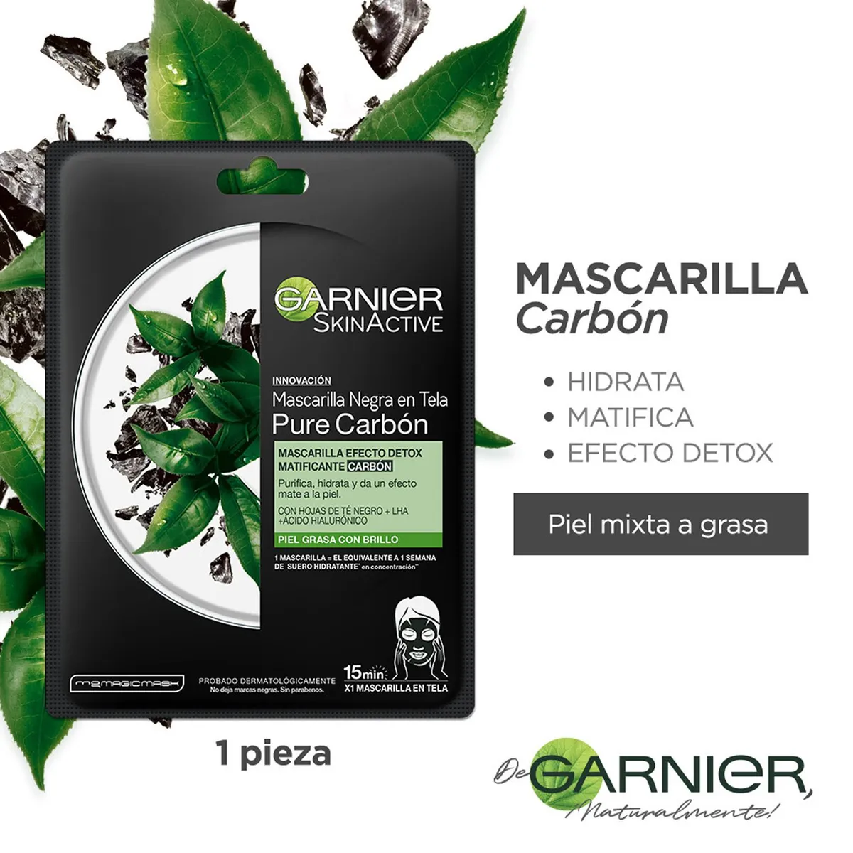 GARNIER - Mascarilla en Tela para Rostro Pure Carbón Efecto Detox  