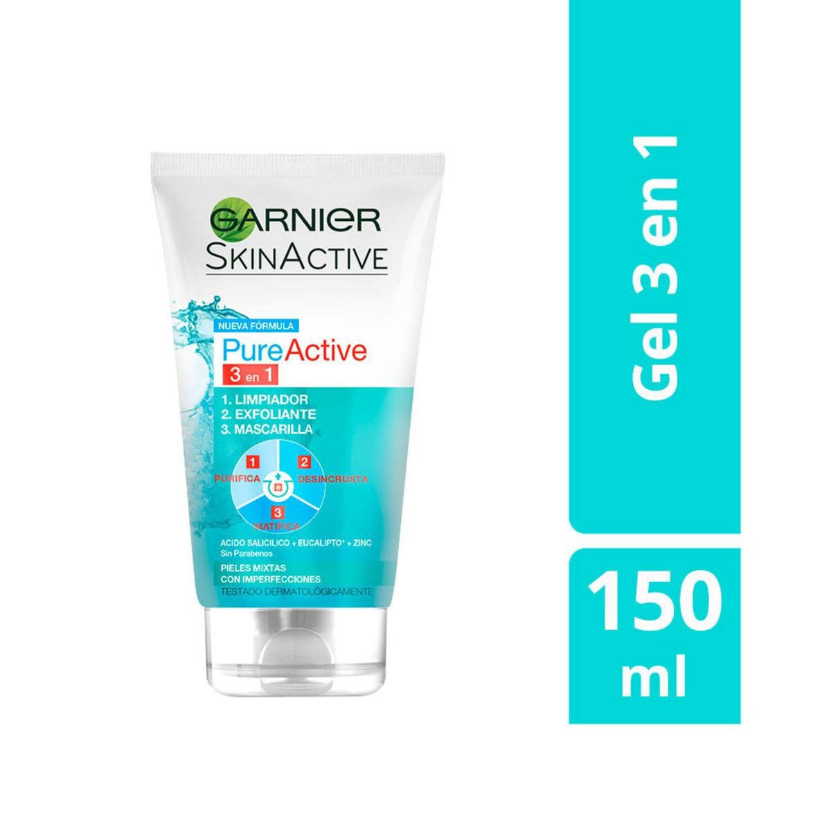 GARNIER - Gel Exfoliante y Mascarilla Pure Active 3 en 1 Eucalipto x 150 ml  