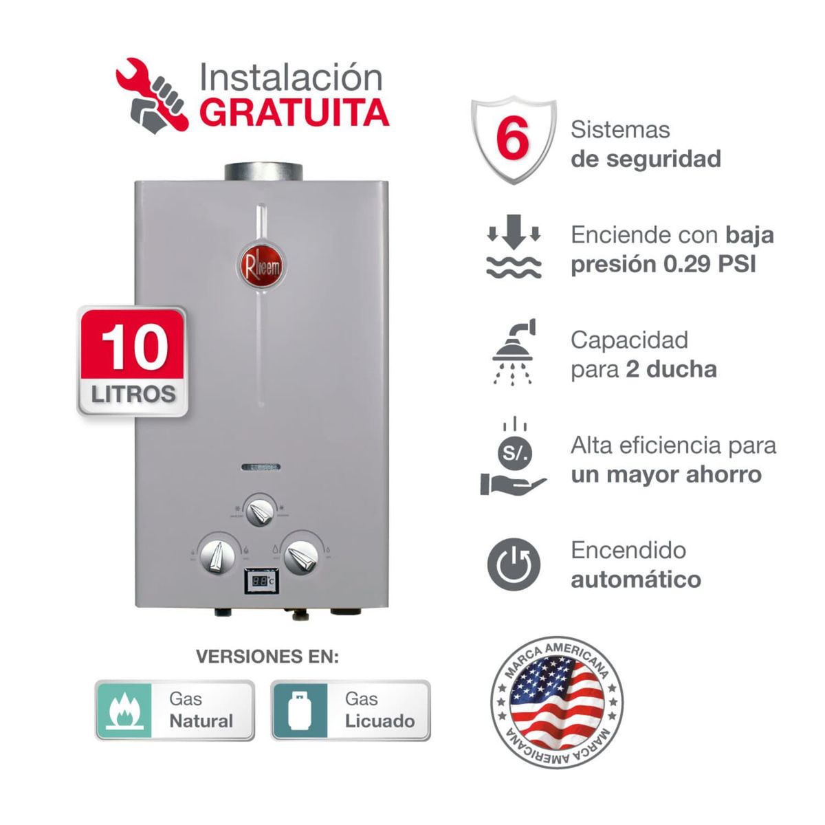 RHEEM - Terma a Gas 10 L RHEEM GLP