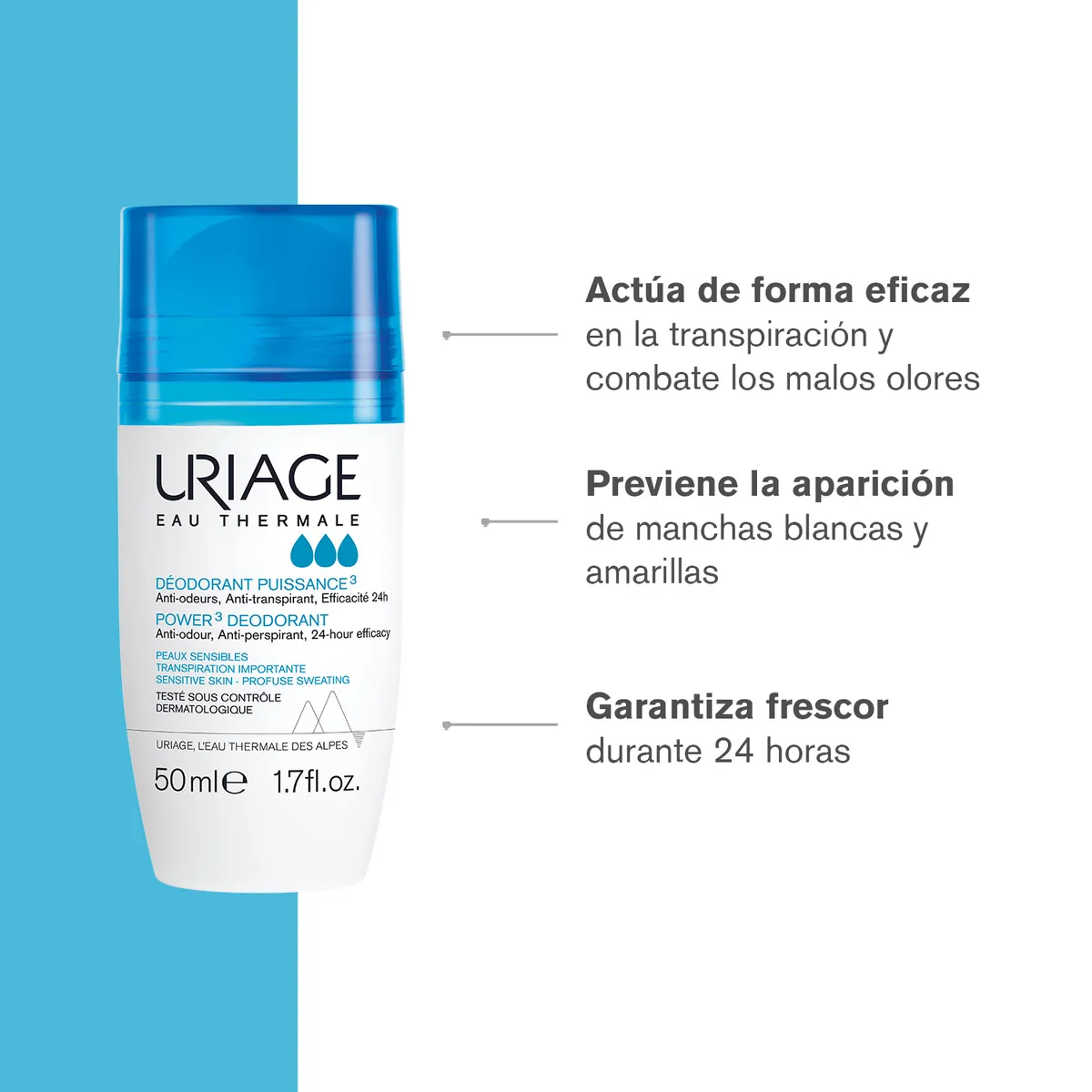URIAGE - Uriage Desodorante Power 3 50ml - Desodorante anti-transpirante 