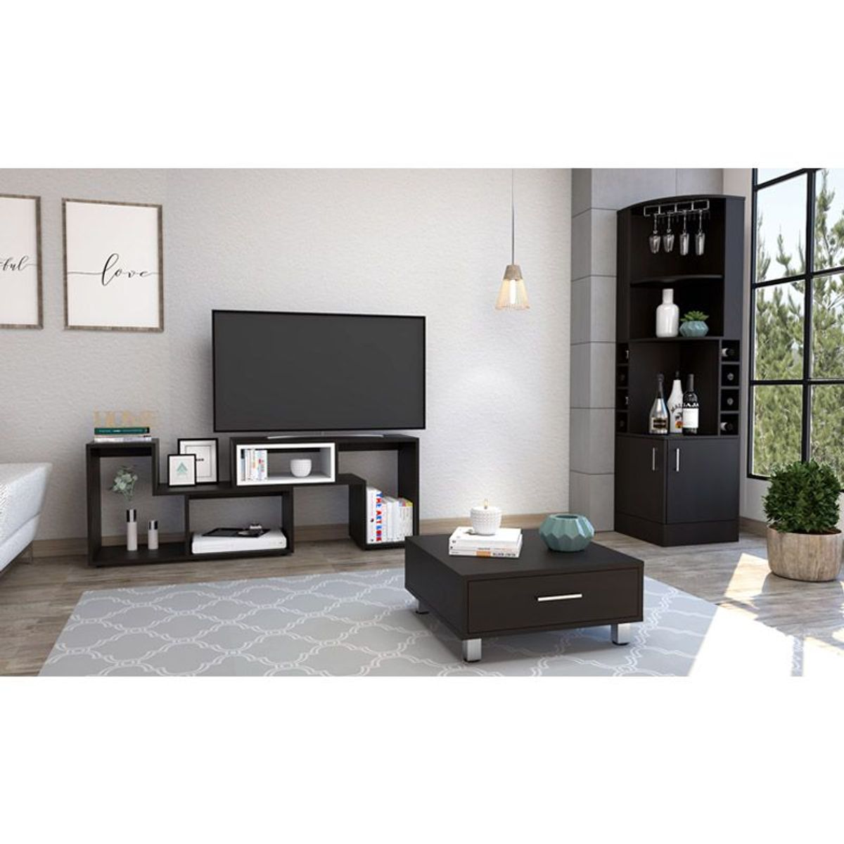 TUHOME - Bar Esquinero Kava + Mesa de TV Extensible 40" + Mesa De Centro Beijing 