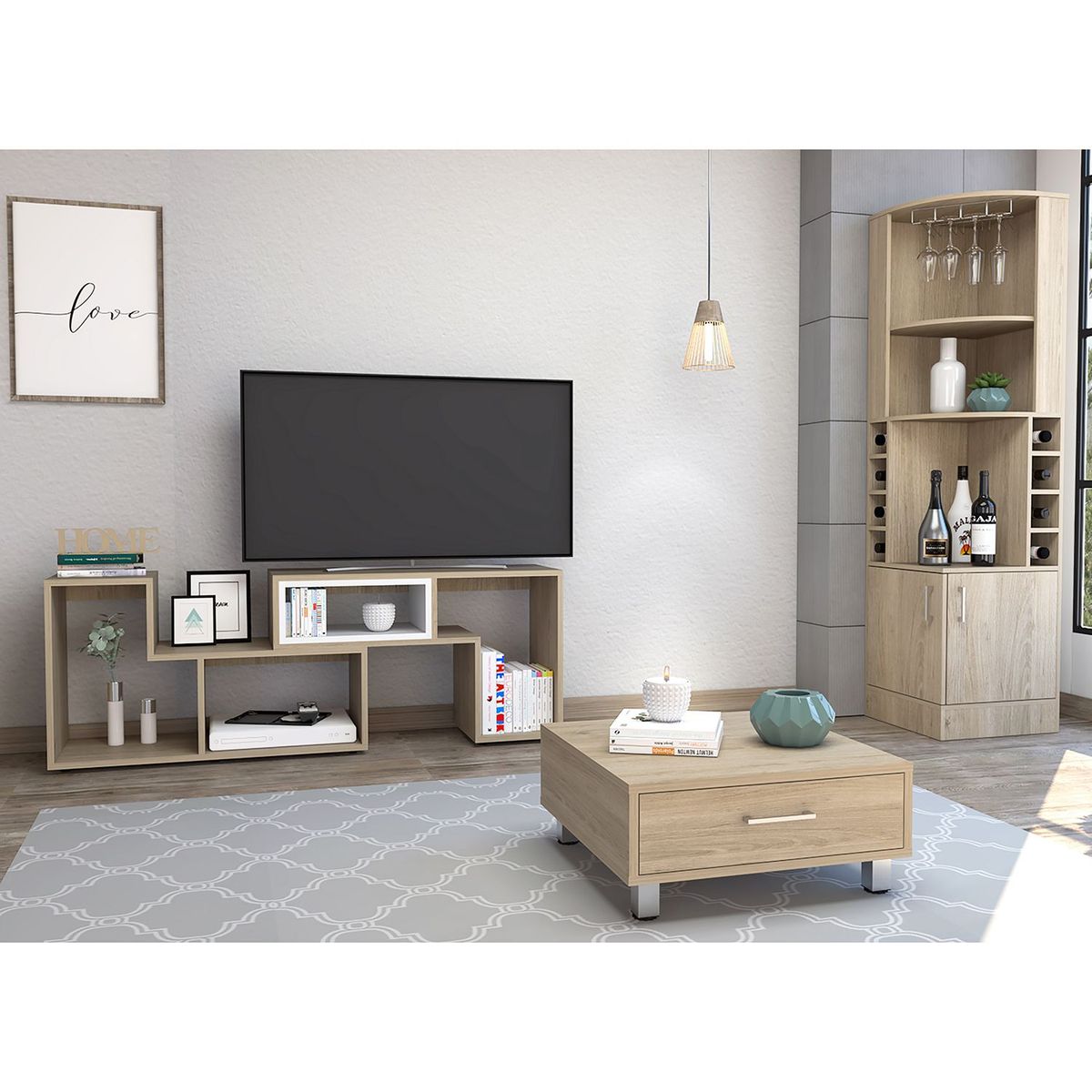 TUHOME - Bar Esquinero Kava + Mesa de TV Extensible 40" + Mesa De Centro Beijing 