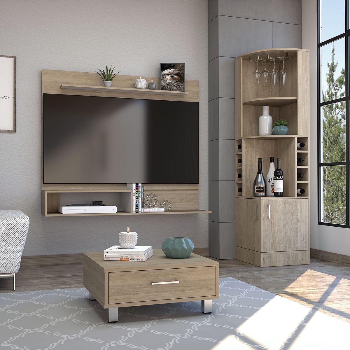 TUHOME - Bar Esquinero Kava + Panel de TV 55" + Mesa de Centro Beijing