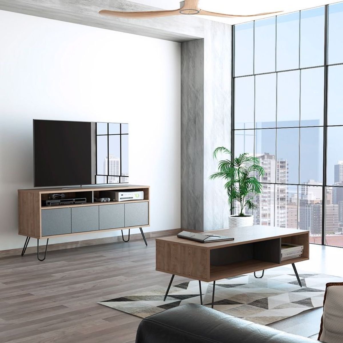 TUHOME - Rack Tv55 + Mesa De Centro Vassel - Miel / Plomo