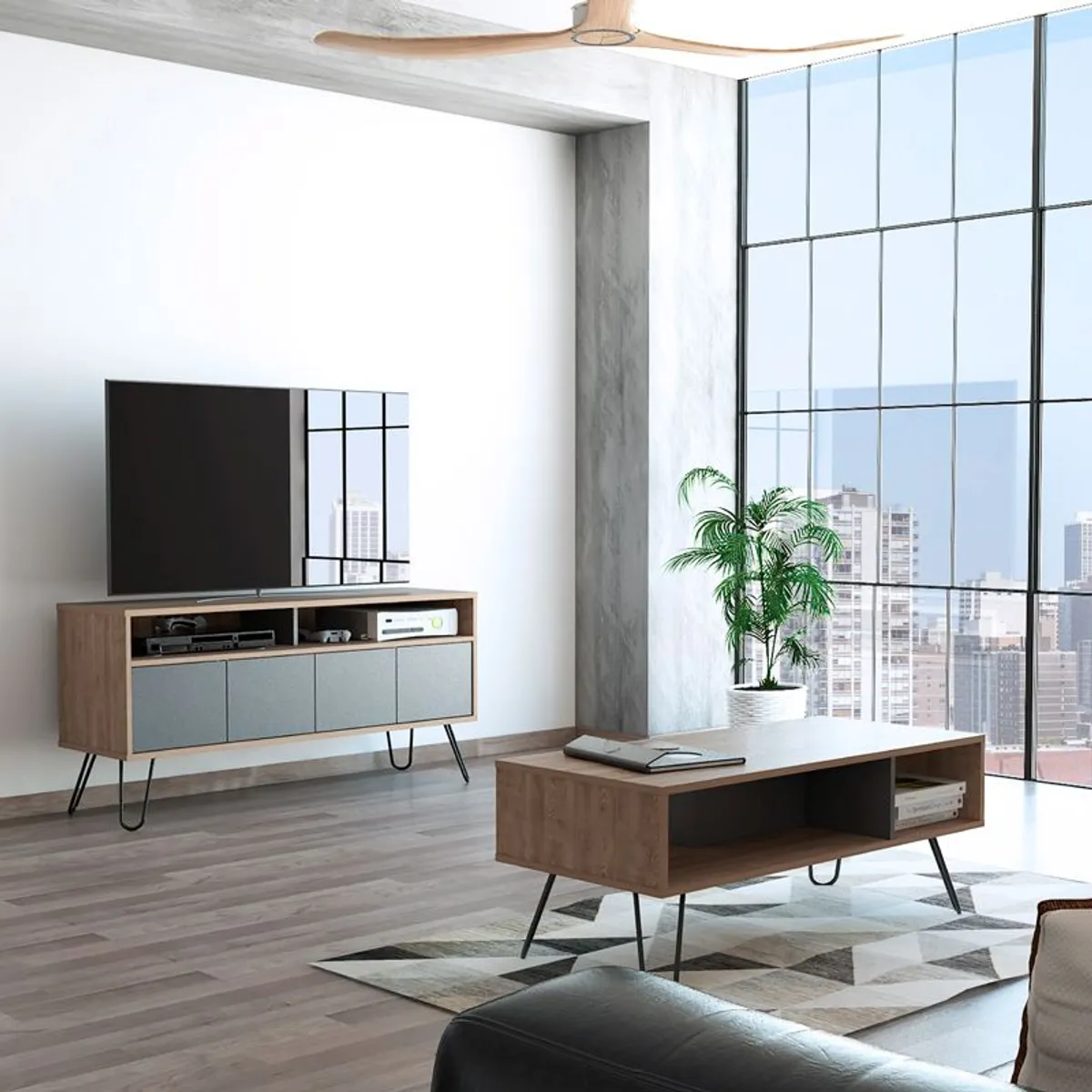 TUHOME - Rack Tv55 + Mesa De Centro Vassel - Miel / Plomo