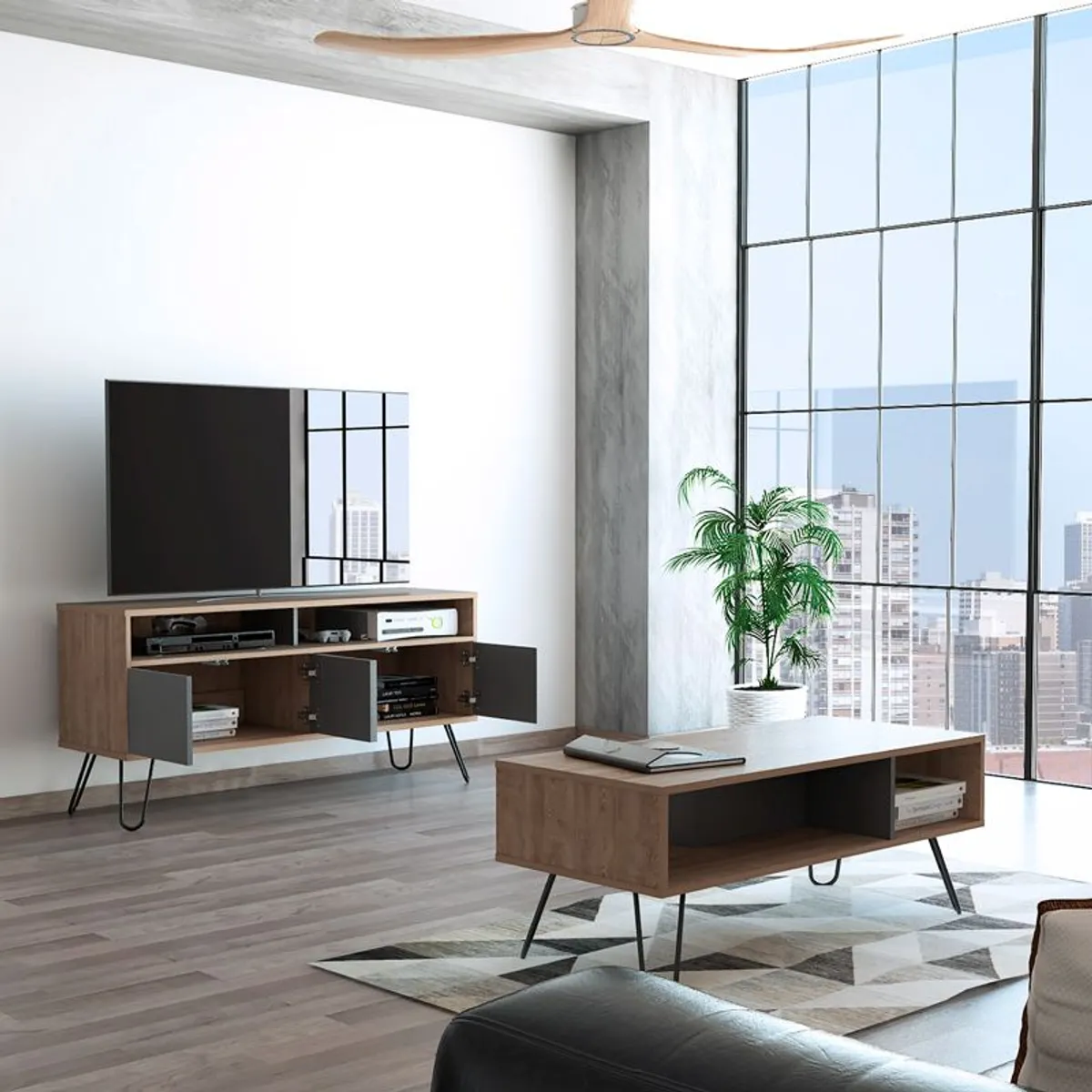 TUHOME - Rack Tv55 + Mesa De Centro Vassel - Miel / Plomo