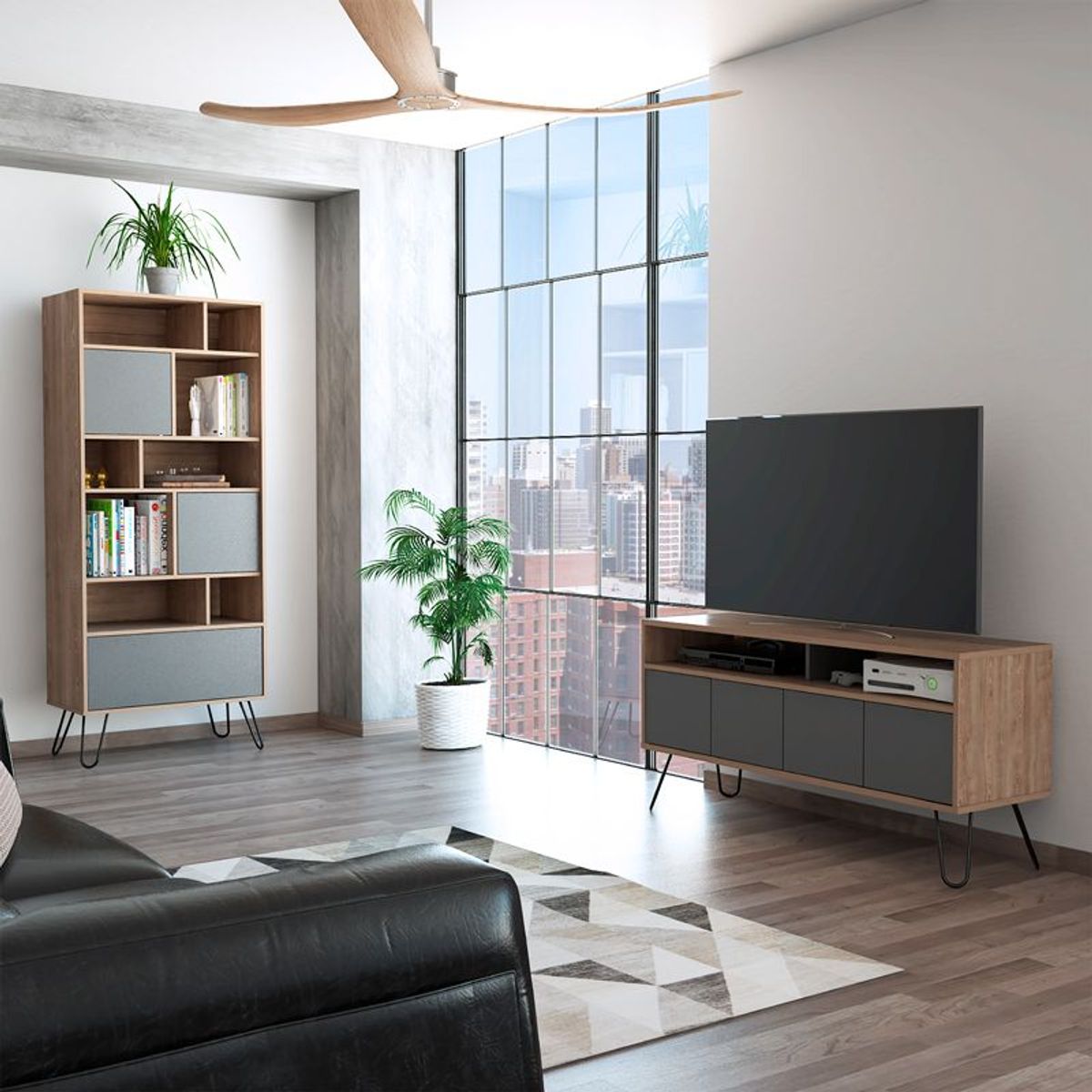 TUHOME - Rack Tv55 + Biblioteca Vassel - Miel / Plomo