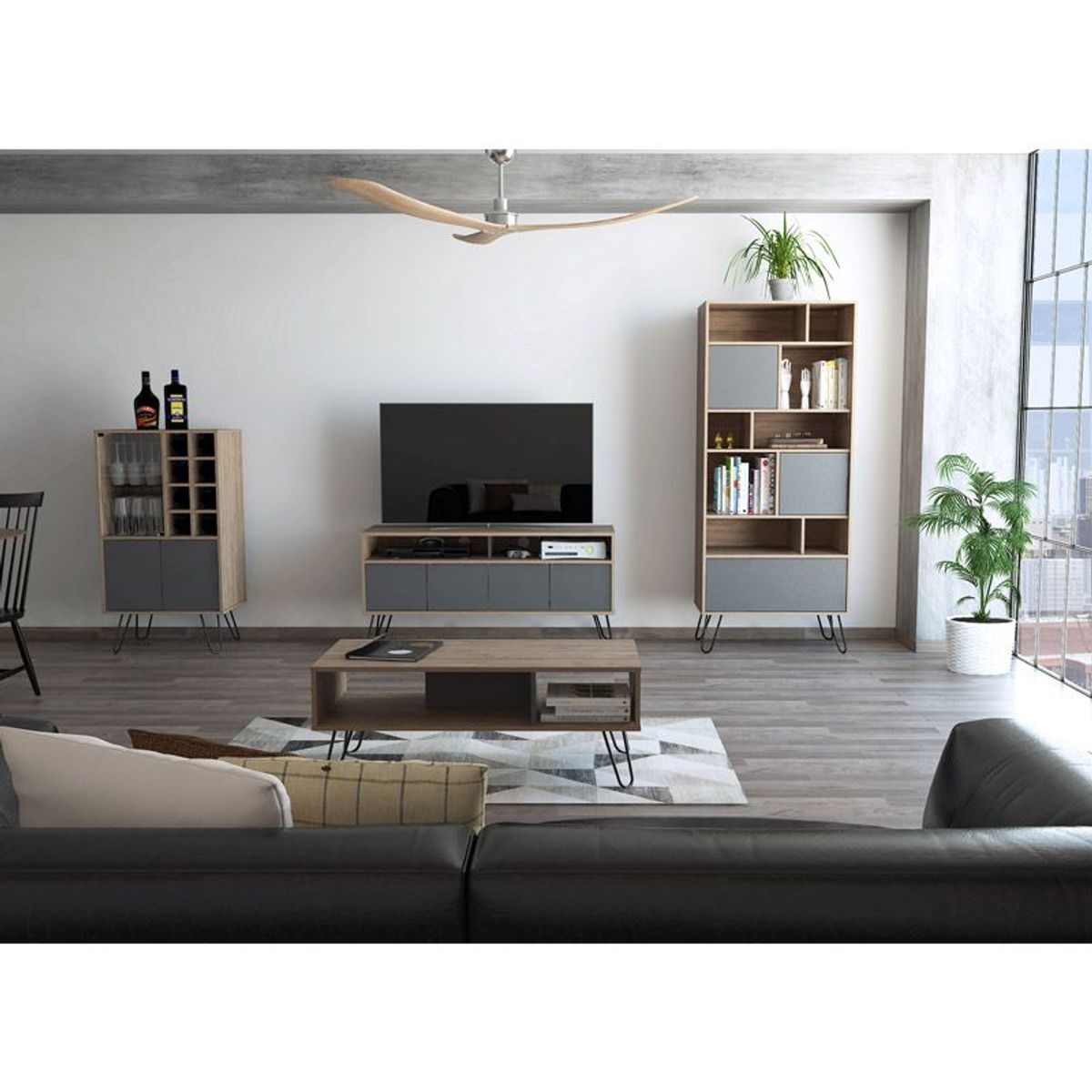 TUHOME - Rack Tv55 + Biblioteca + Bar + Mesa Centro Vassel - Miel / Plomo