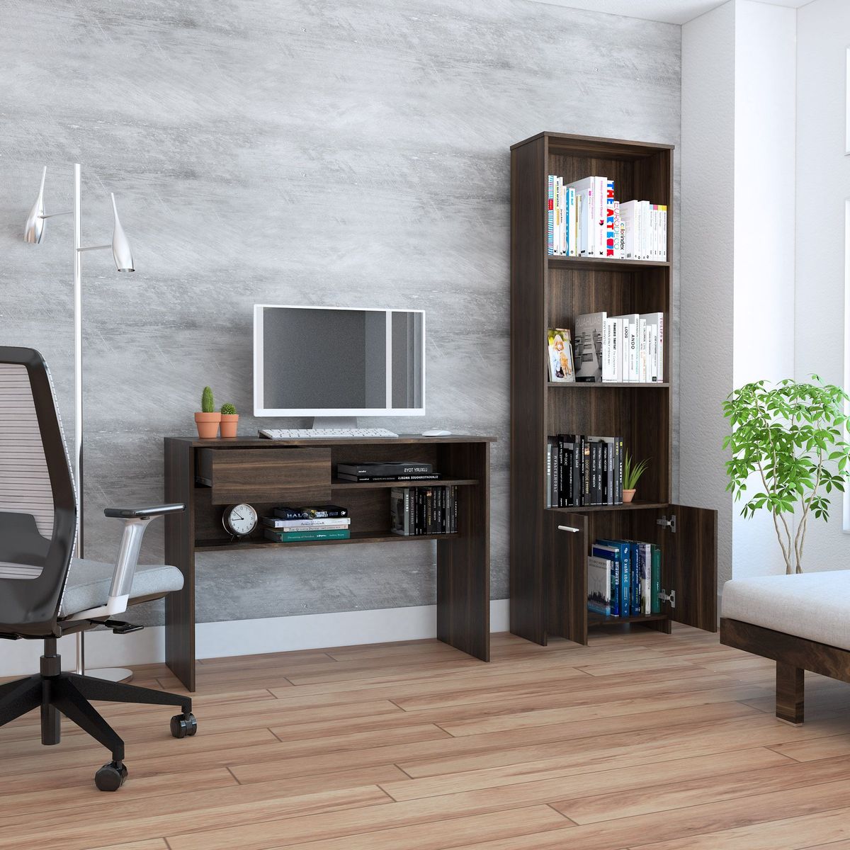 TUHOME - Combo Office 5: Escritorio de Oficina + Biblioteca Librero