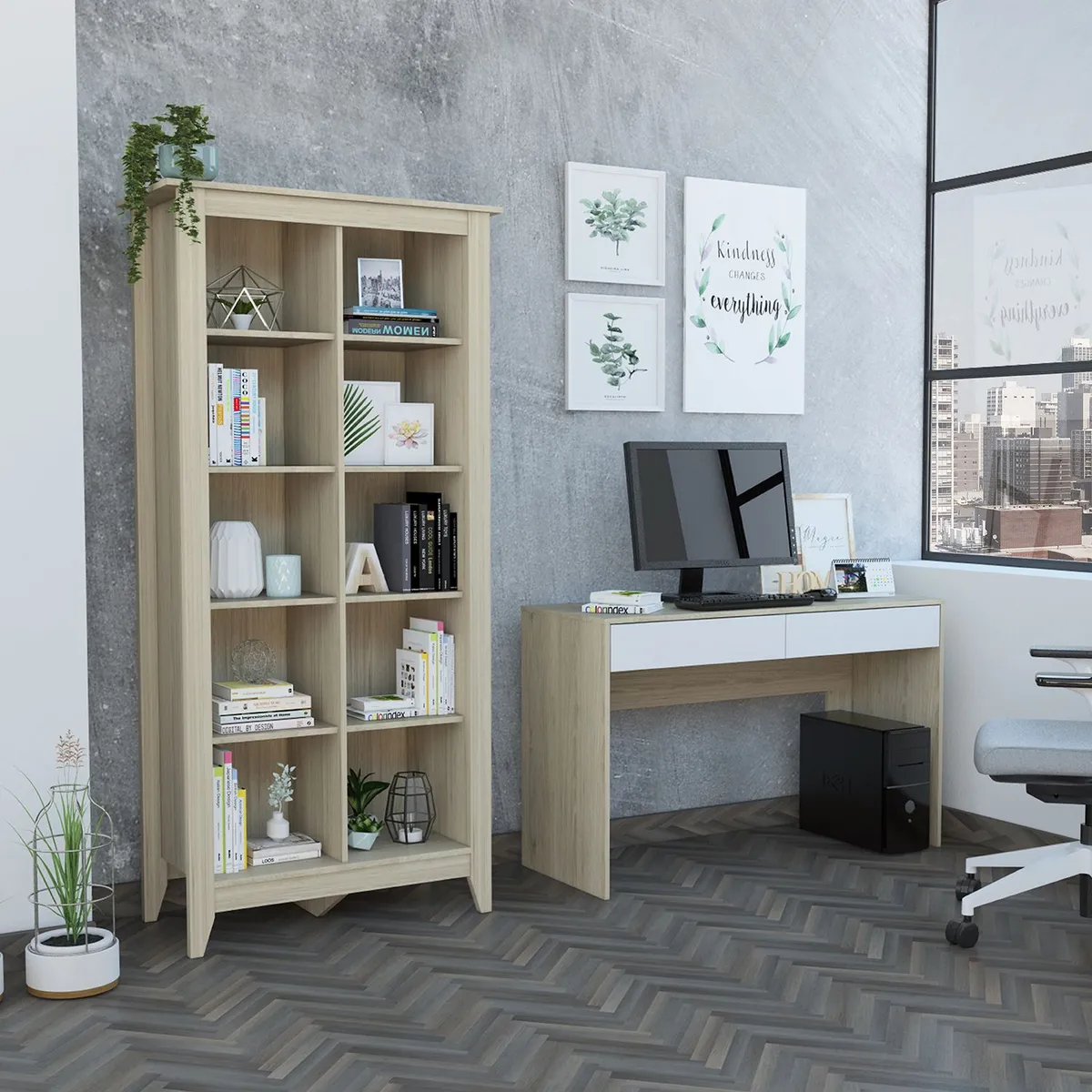 TUHOME - Combo Office 39: Escritorio + Biblioteca - Rovere + Blanco