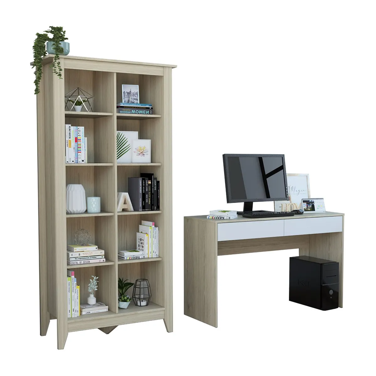 TUHOME - Combo Office 39: Escritorio + Biblioteca - Rovere + Blanco