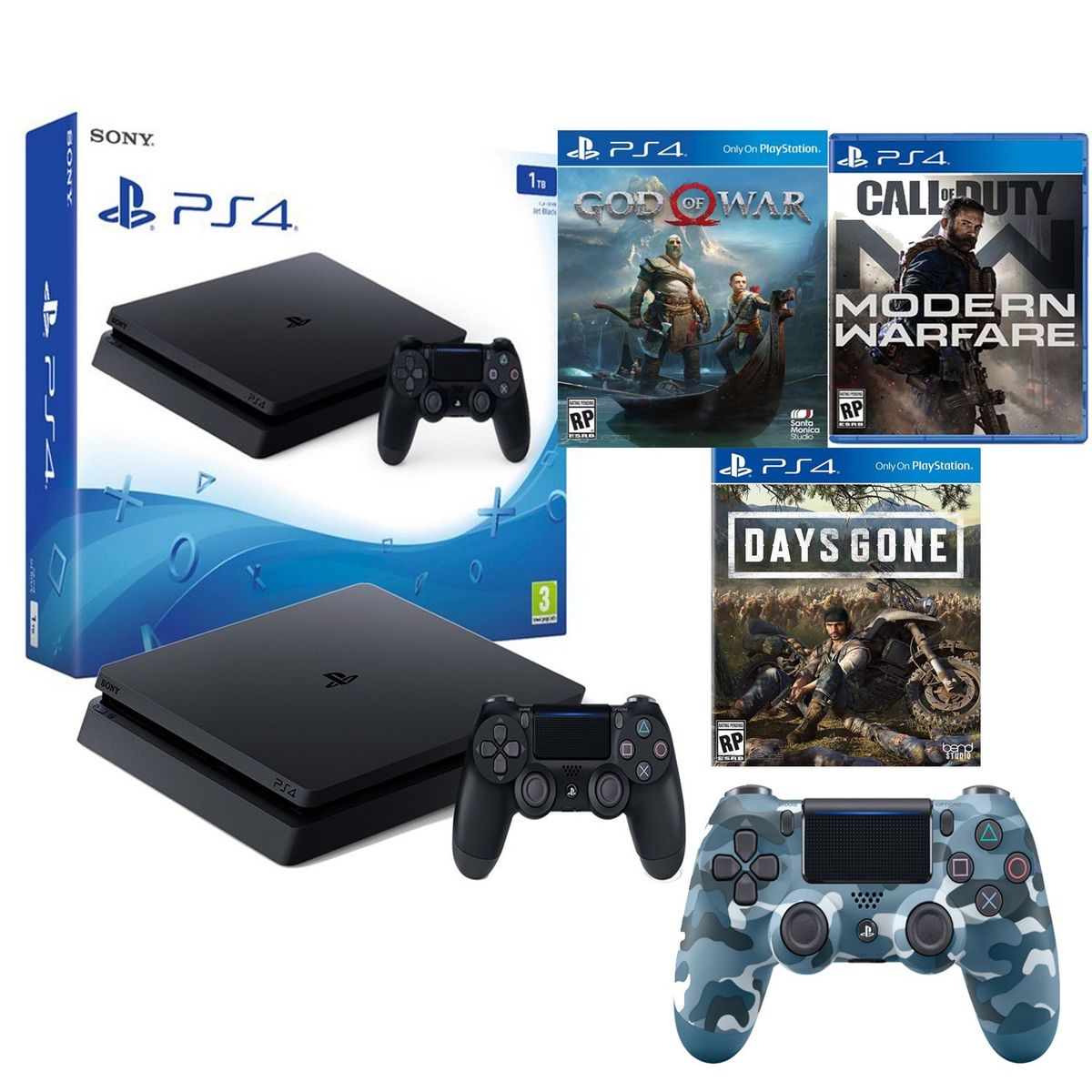 SONY - Consola PS4 Slim 1TB  + 3  Juegos  + Mando Camuflado