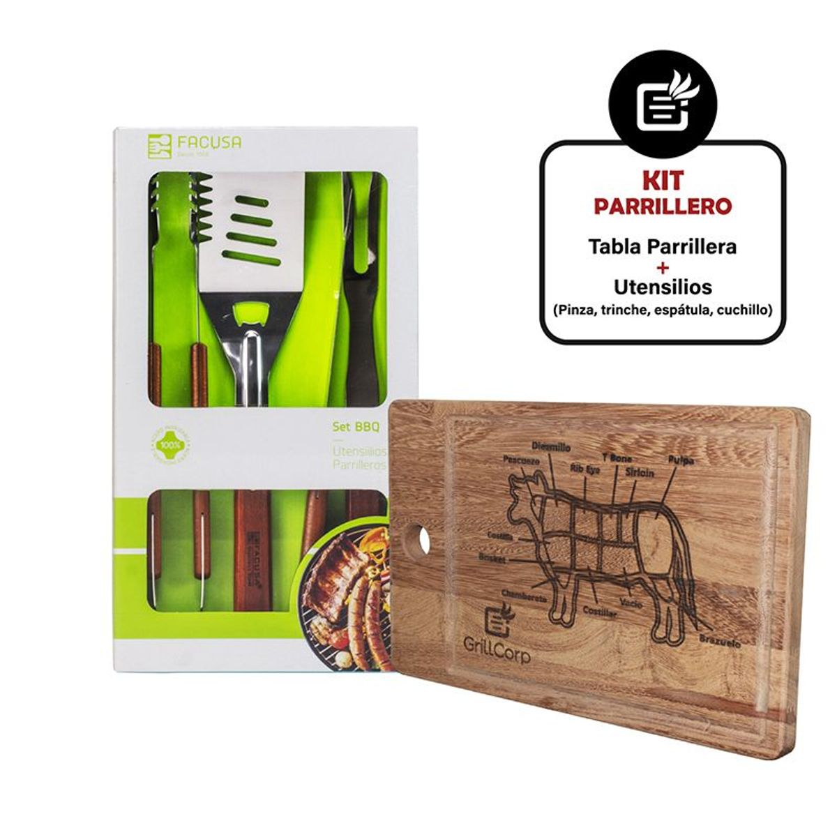GRILLCORP - Tabla Parrillera + Utensilios