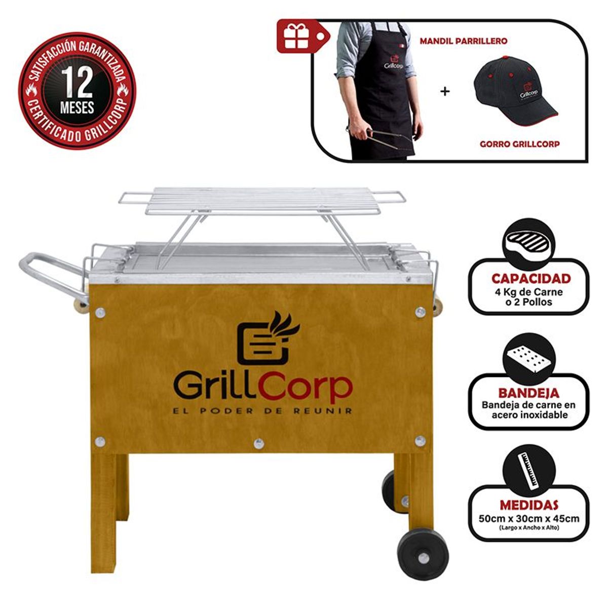 GRILLCORP - Caja China Chica Premium + Parrilla de Varillas + Mandil Parrillero + Gorro Grillcorp