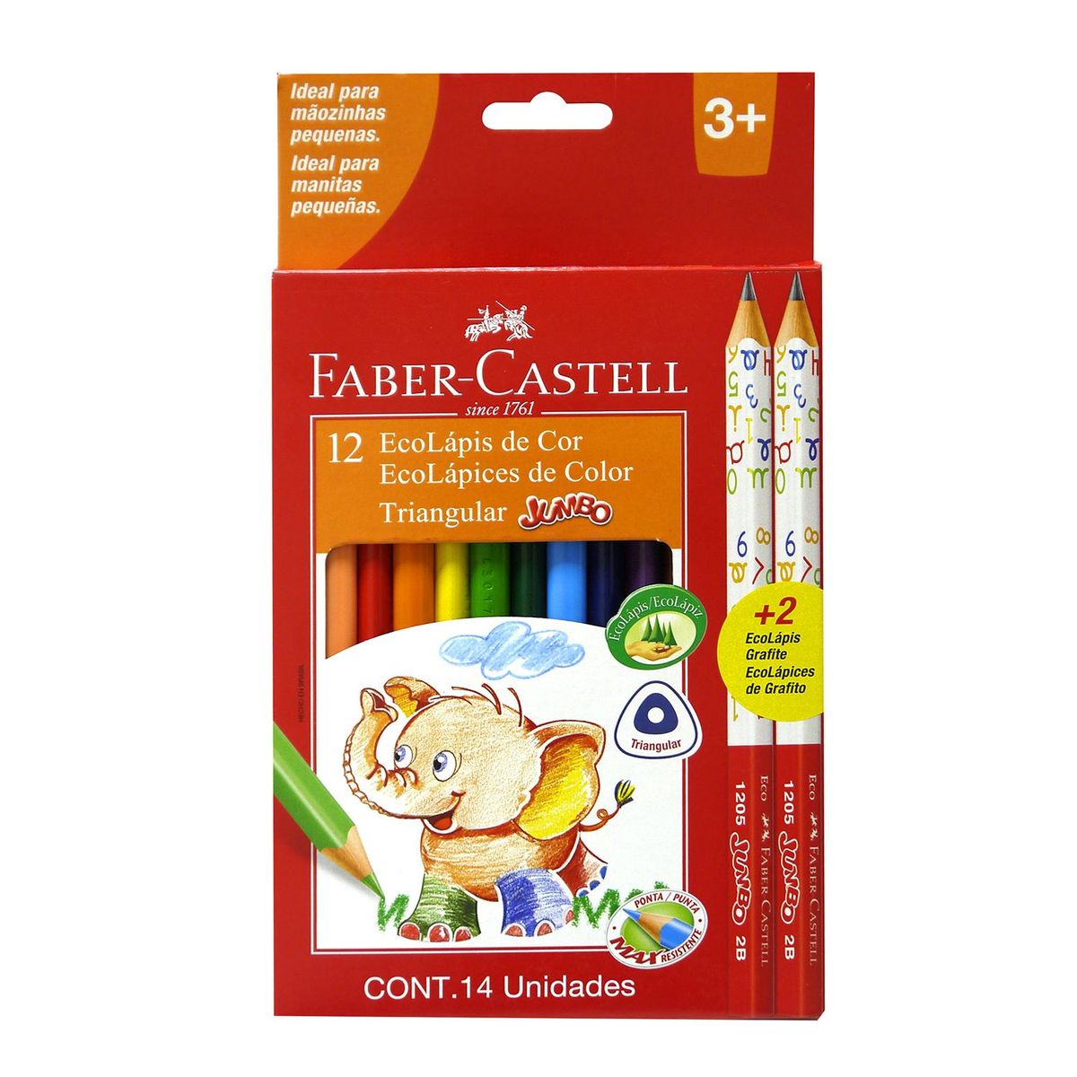 FABER-CASTELL - Ecolápices de Color Jumbo Estuche x 12 + 2 Lápices de Grafito