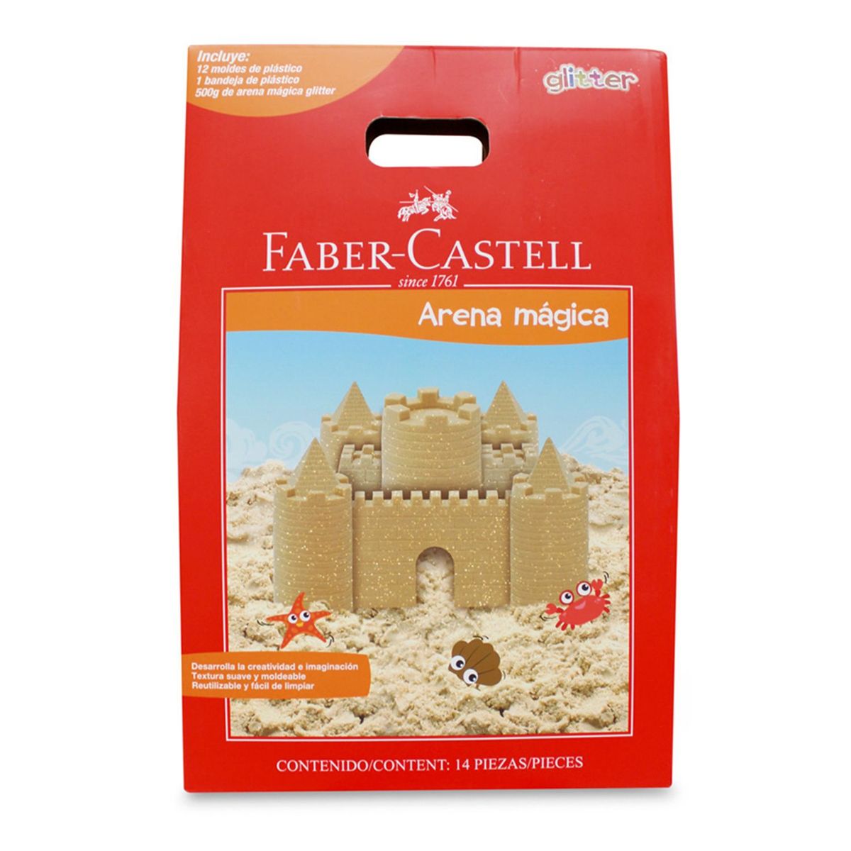 FABER-CASTELL - Arena Mágica Glitter 500g + 12 Moldes + Bandeja
