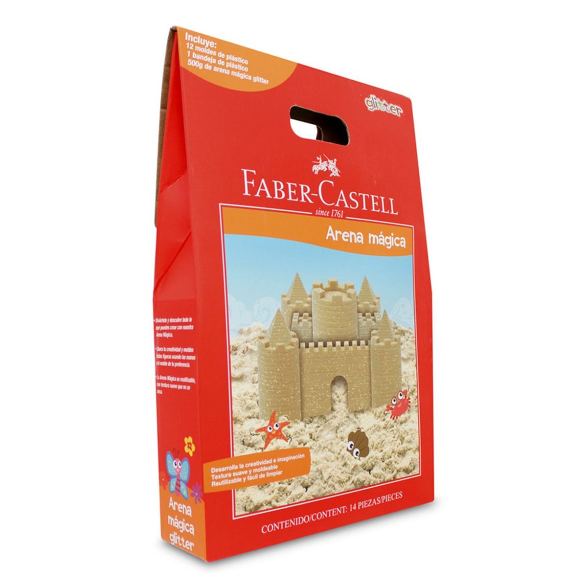 FABER-CASTELL - Arena Mágica Glitter 500g + 12 Moldes + Bandeja