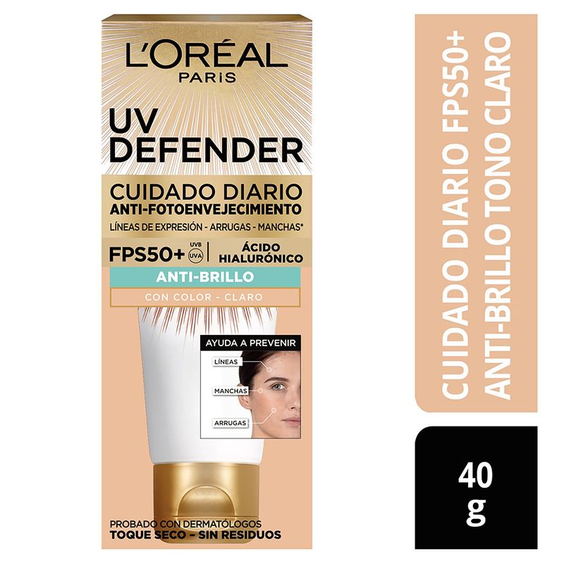 LOREAL PARIS - Protector Solar UV Defender Toque Seco con Color Antibrillo Tono Claro FPS 50+