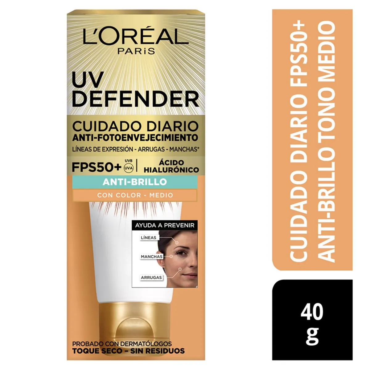 LOREAL PARIS - Protector Solar UV Defender Toque Seco con Color Antibrillo Tono Medio FPS 50+