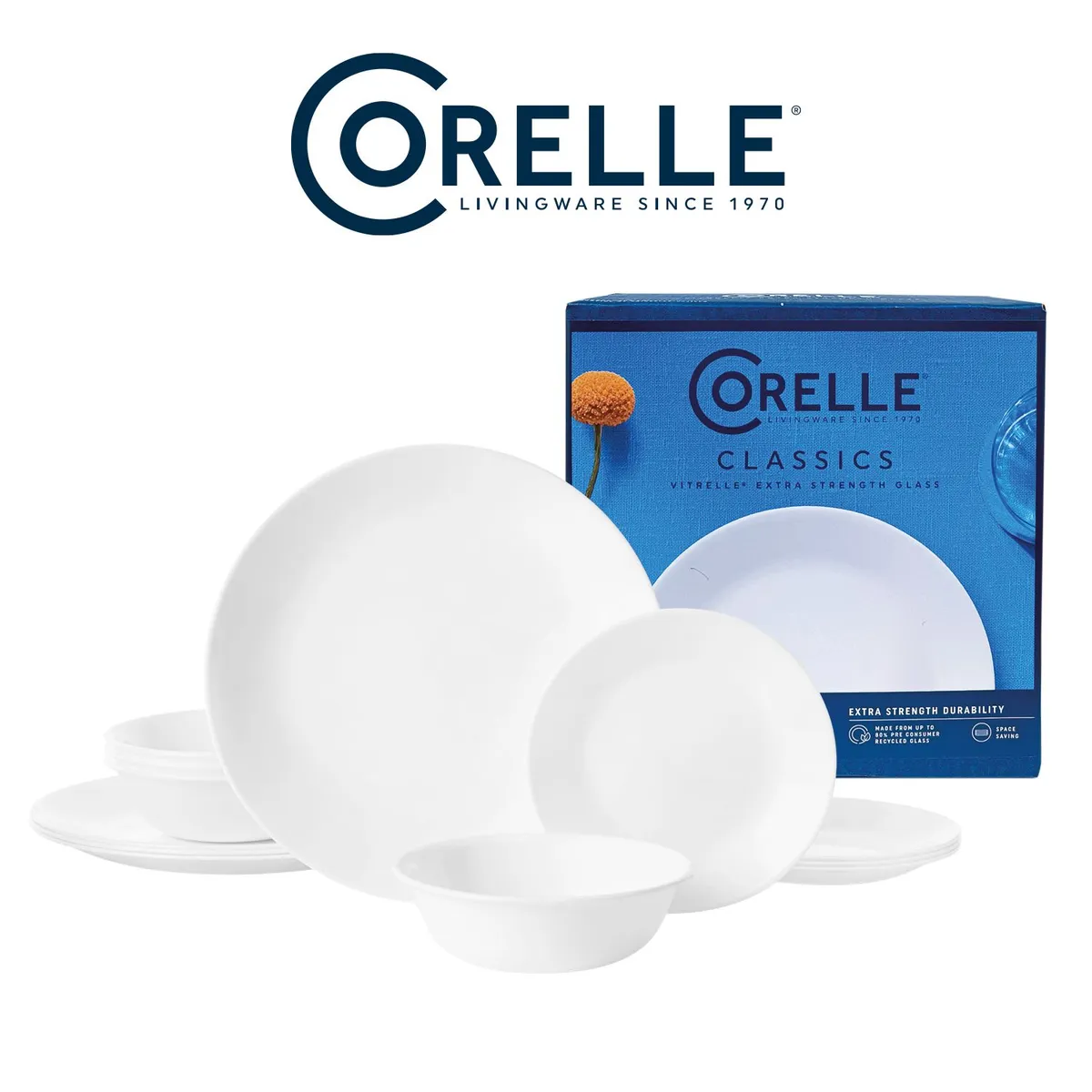 CORELLE - Juego de Vajilla Redonda Blanca de 12 Piezas para 4 Personas