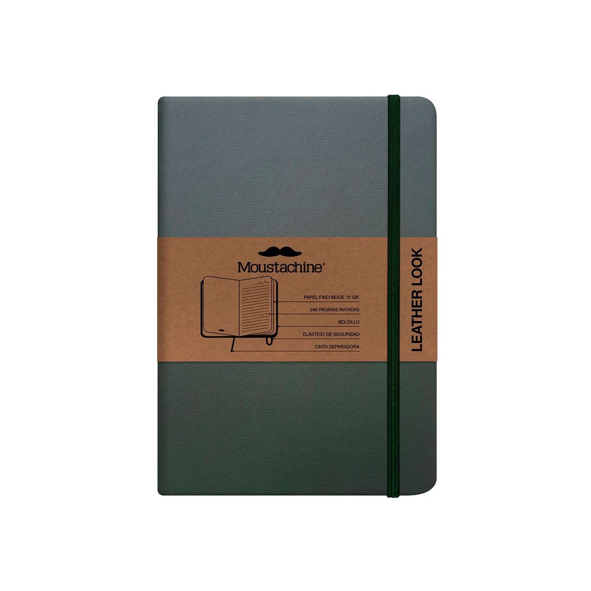 MOUSTACHINE - Libreta Moustachine Classic Leather Look Mediana Rayas - Verde