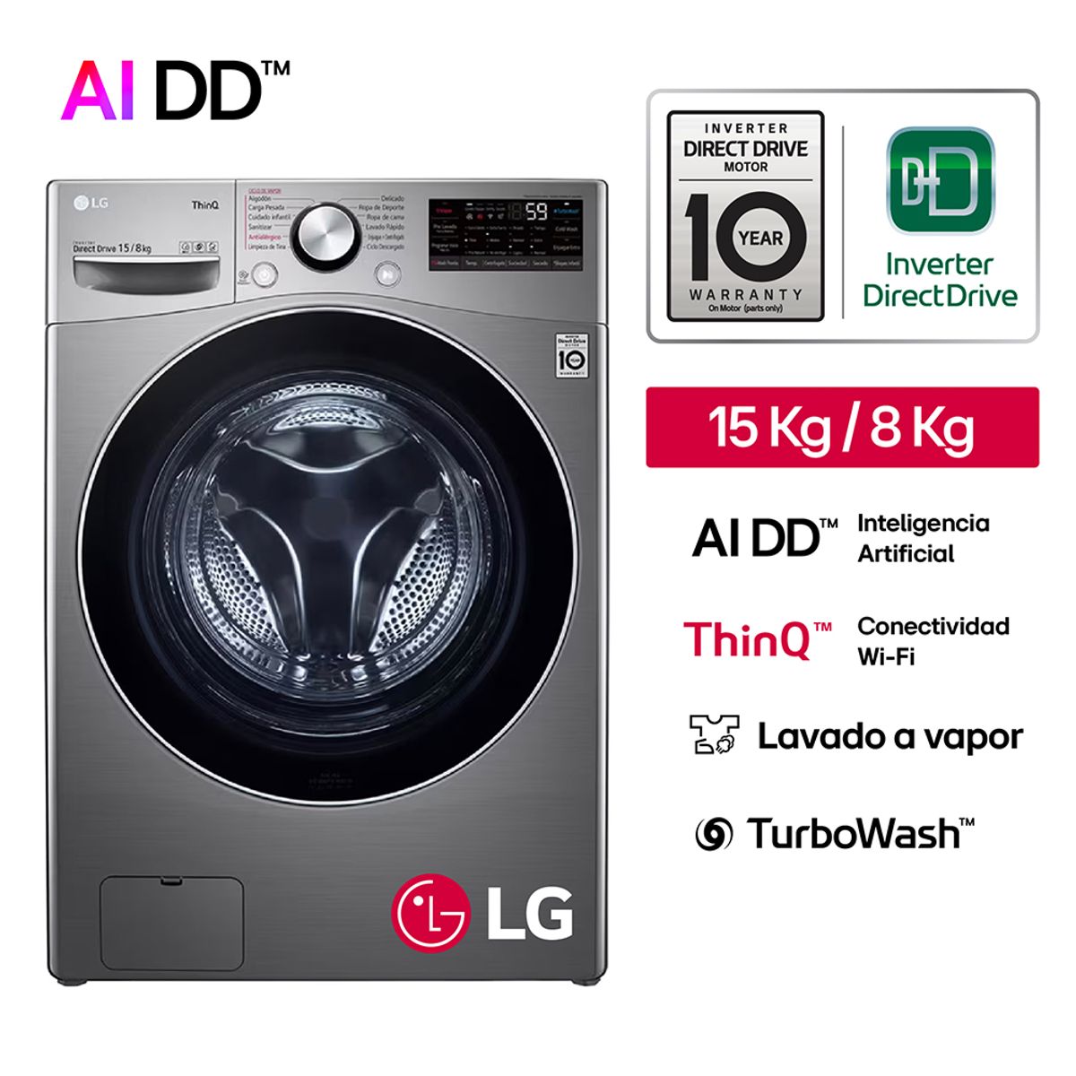 LG - Lavaseca WD15EG2S 15/8 Kg AI DD Carga Frontal Plateado Oscuro LG