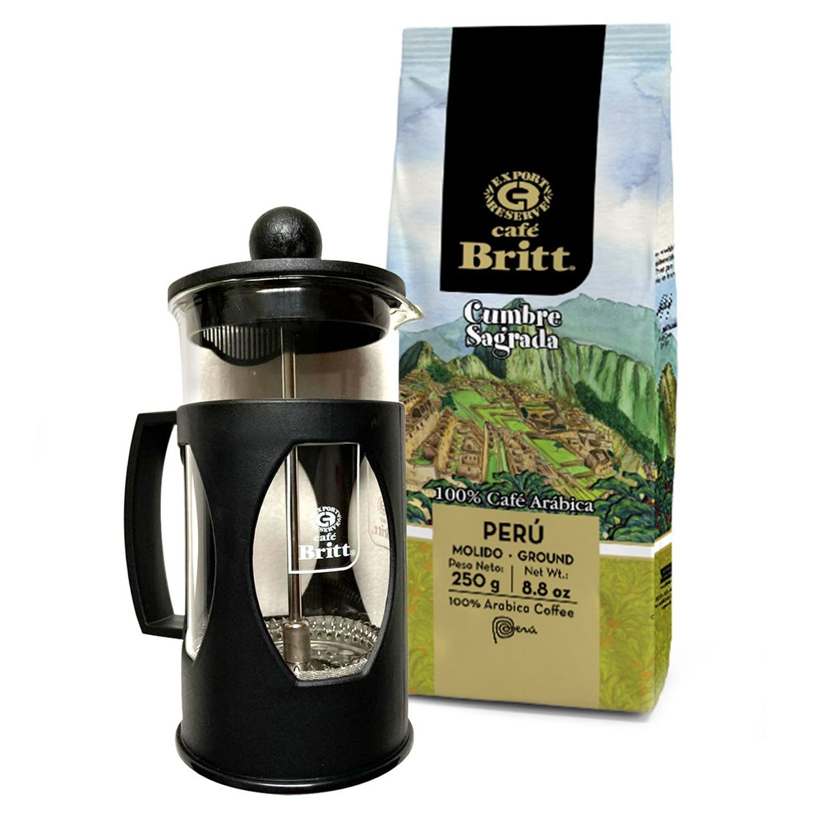 BRITT - Combo Prensa Francesa 350ml + Café Cumbre Sagrada Molido 250gr