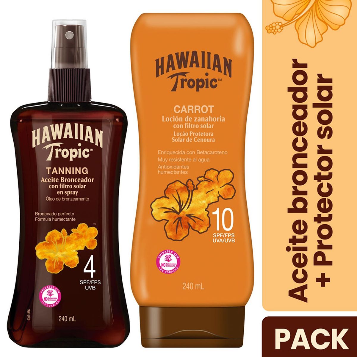 HAWAIIAN TROPIC - Carrot Loción Protectora Solar FPS10 240 ml + Aceite Bronceador Tanning FPS4 Spray 240 ml 