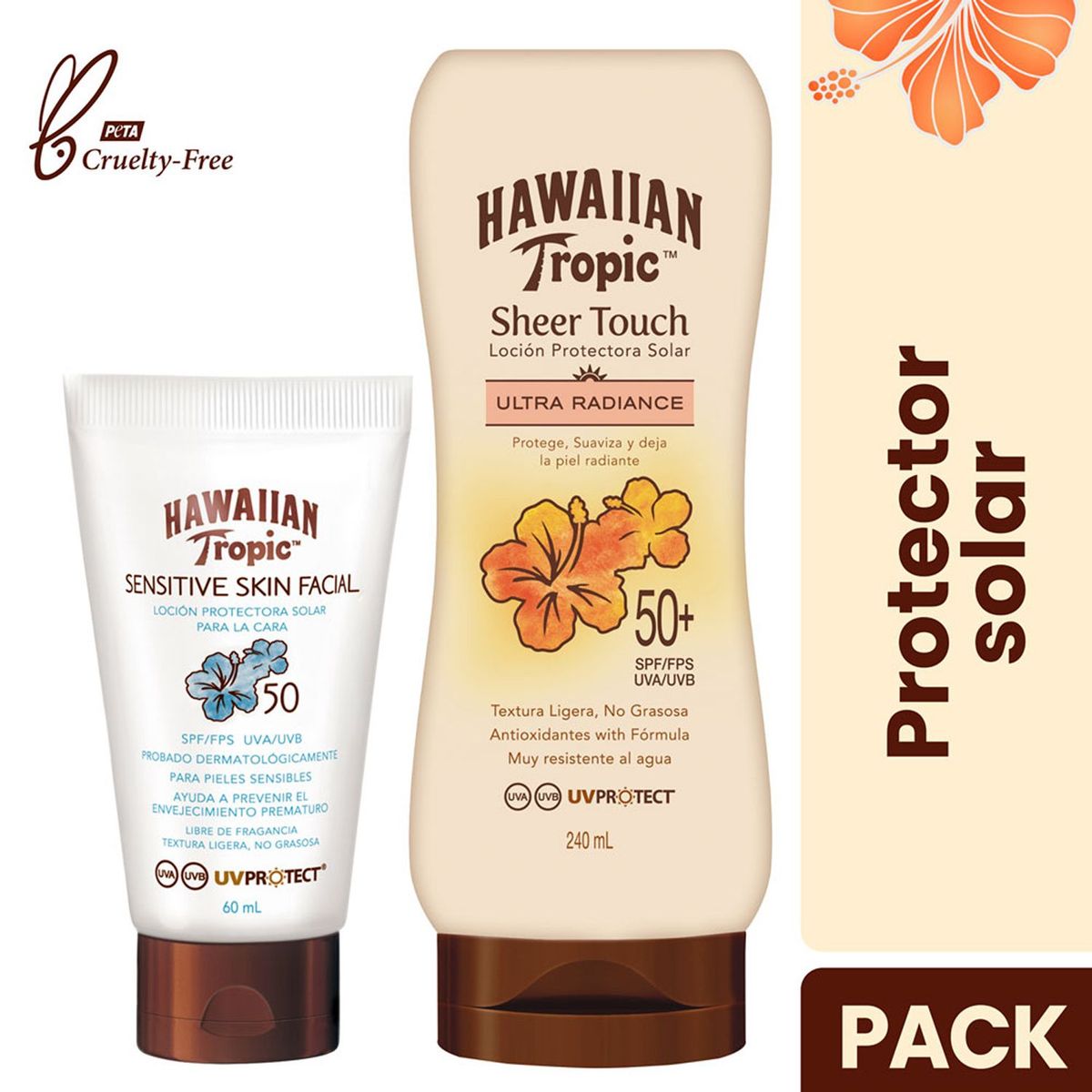 HAWAIIAN TROPIC - Sensitive Skin Facial Loción Protectora Solar FPS50 60 ml + Sheer Touch Ultra Radiance Loción Protectora Solar FPS50+ 240 ml