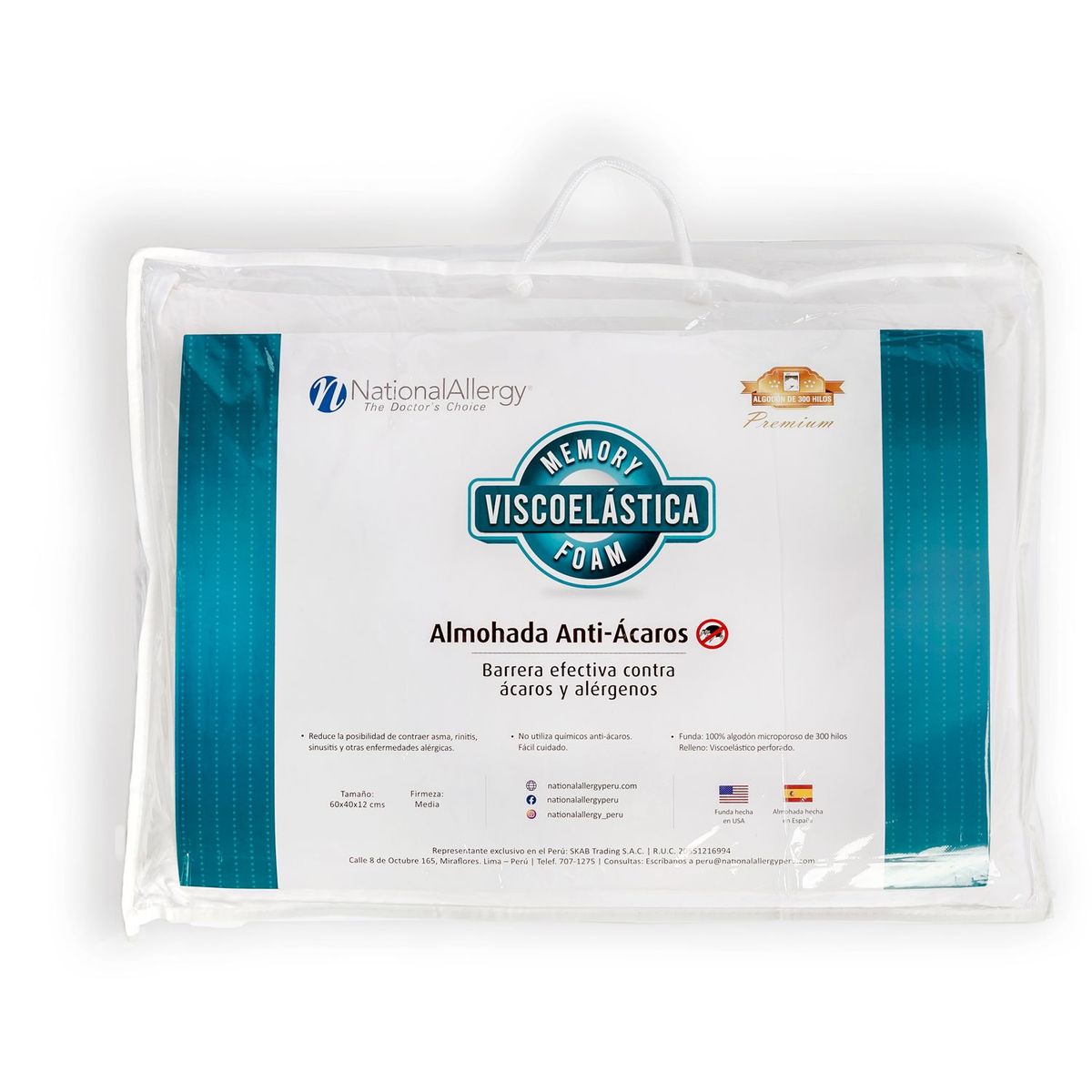 NATIONAL ALLERGY - Almohada Antiácaros Viscoelástica Estándar 36x60cm