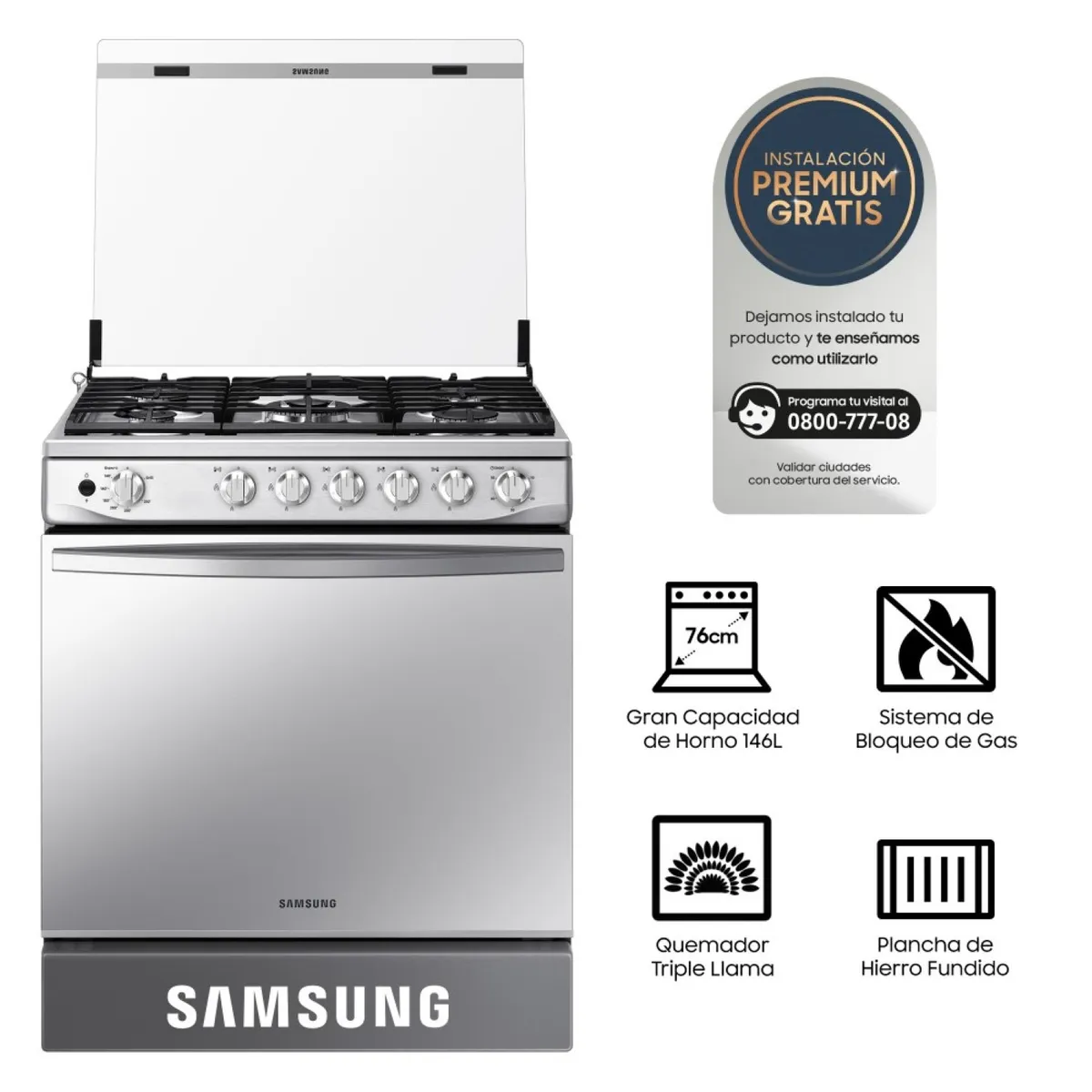 SAMSUNG - Cocina a Gas 5 hornillas con Plancha y Grill NX52T7322PSPE