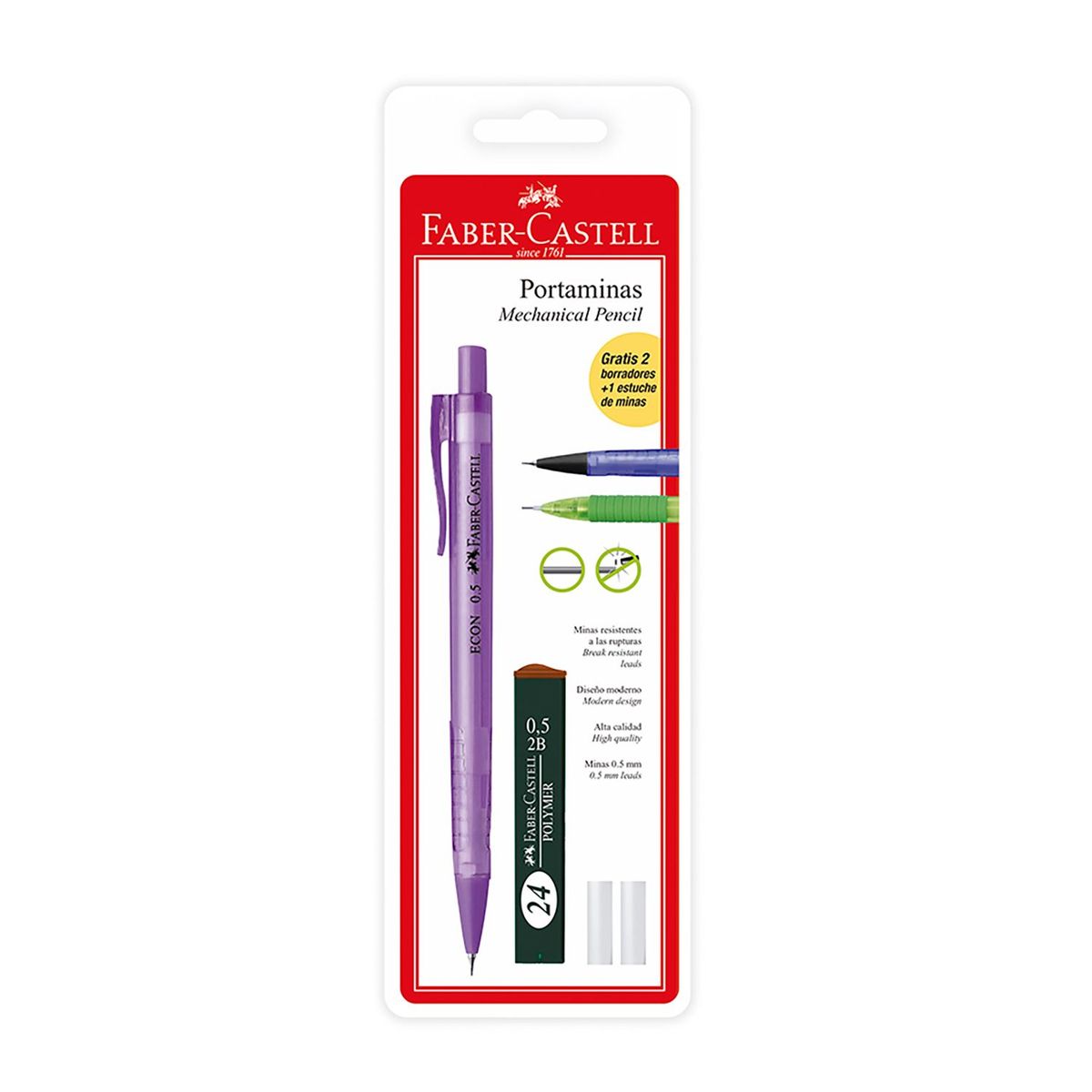 FABER-CASTELL - Portaminas Econ 0.5 Pastel Con Mina + 2 Borradores Blíster X1