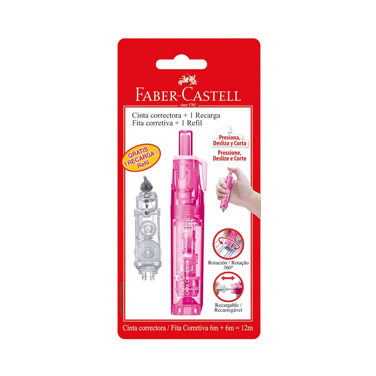 FABER-CASTELL - Cinta Correctora Retráctil Rosa + 1 Recargable Blíster X 1 Unidad