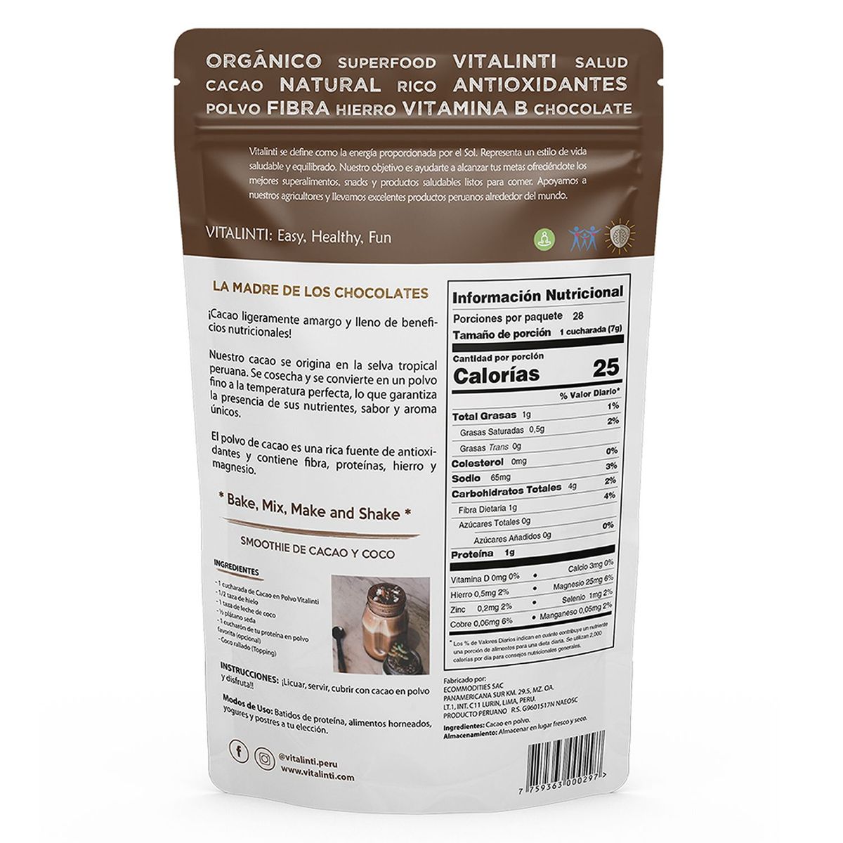 VITALINTI - Cacao en Polvo Orgánico 200gr