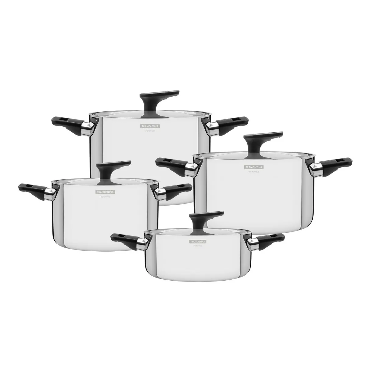 TRAMONTINA - Juego de Ollas 8 Piezas Acero Inoxidable Grano C/mango Baquelita