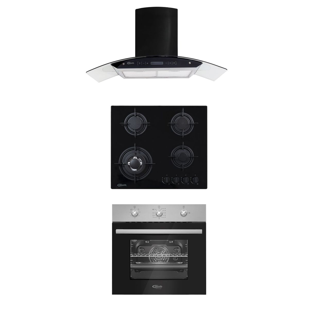 KLIMATIC - Encimera 4 hornillas vidrio templado NINA 60 + Campana decorativa 90 cm VENEZIA BLACK + Horno empotrable a gas 60 L LUBECK BC