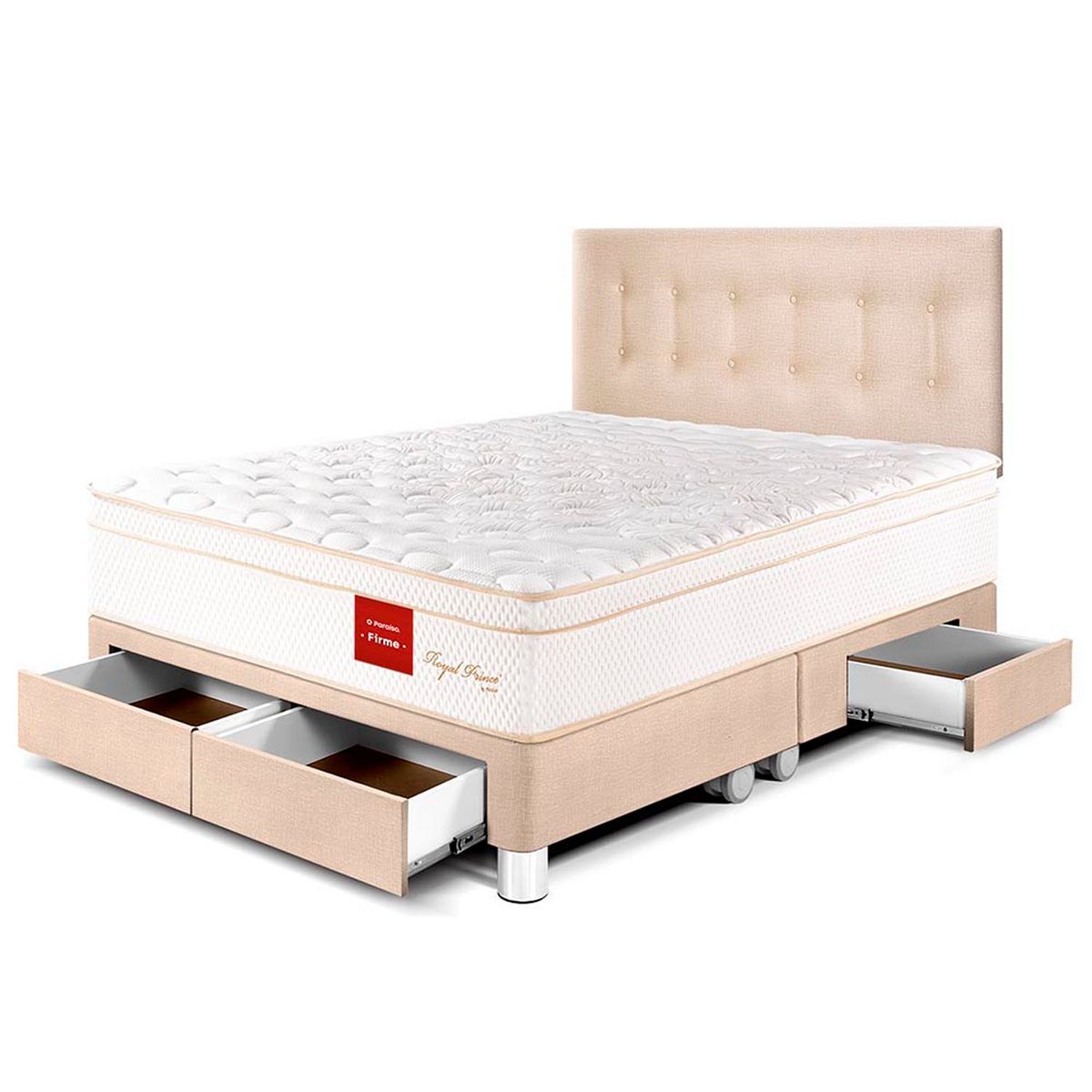 PARAISO - Dormitorio con Cajones Royal Prince Firme Queen + 2 Almohadas Viscoelásticas + Protector
