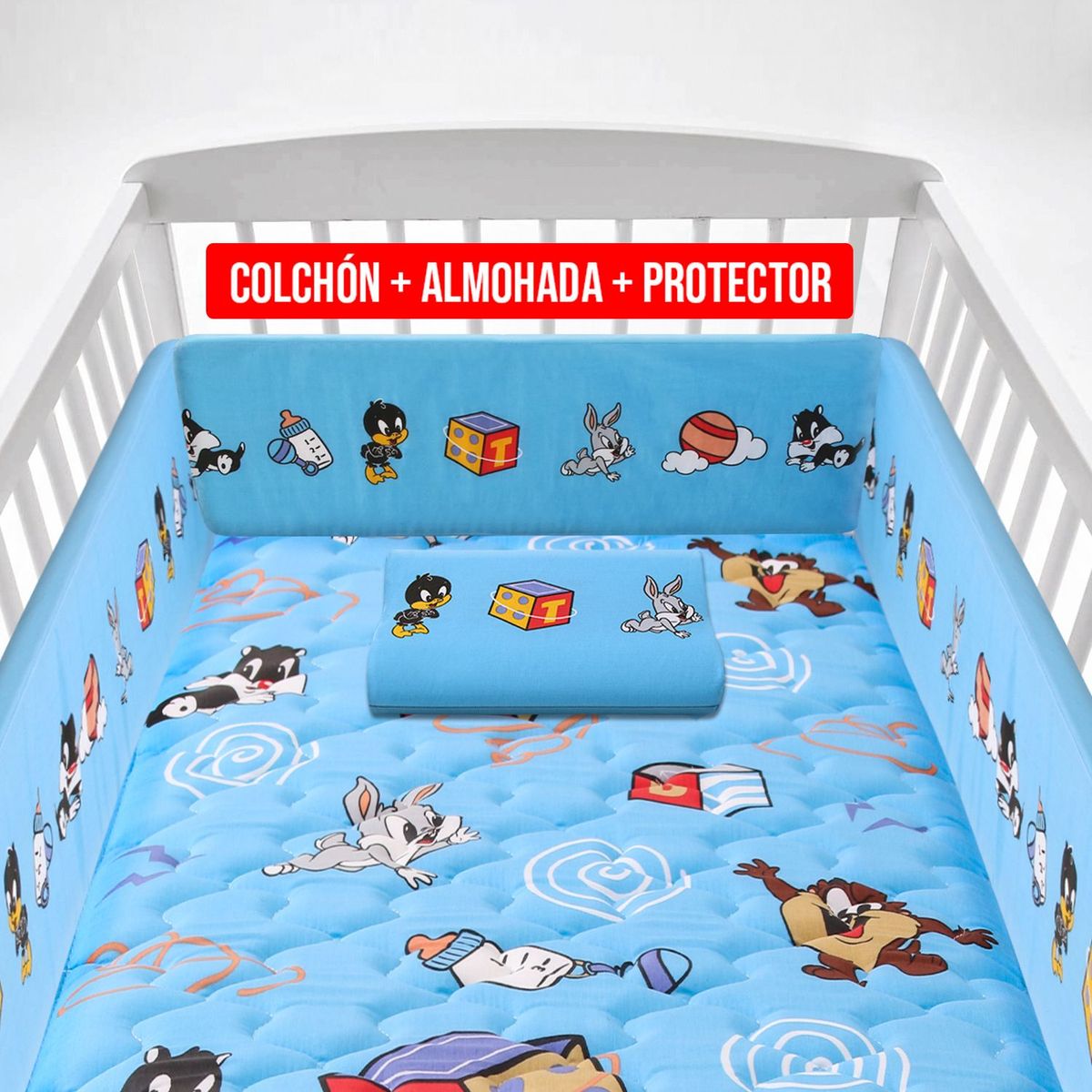 FORLI - Colchón De Cuna Looney Tunes Azul + Almohada + Protector Forli