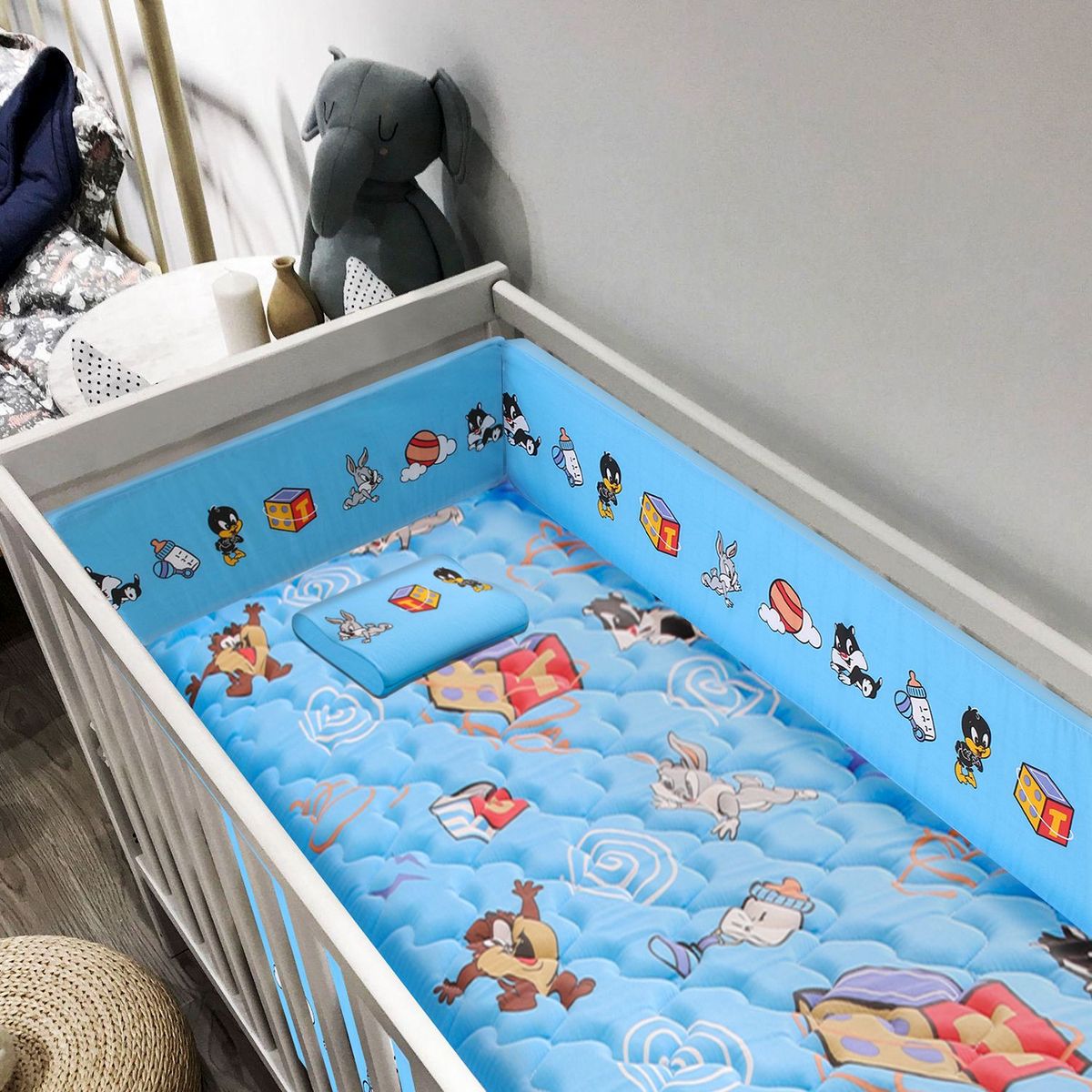 FORLI - Colchón De Cuna Looney Tunes Azul + Almohada + Protector Forli