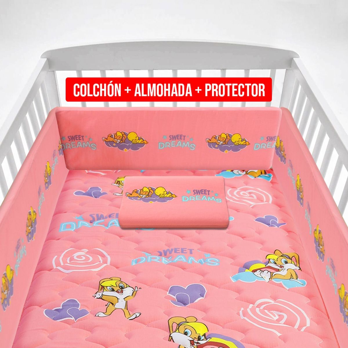 FORLI - Colchón De Cuna Looney Tunes Rosa + Almohada + Protector Forli