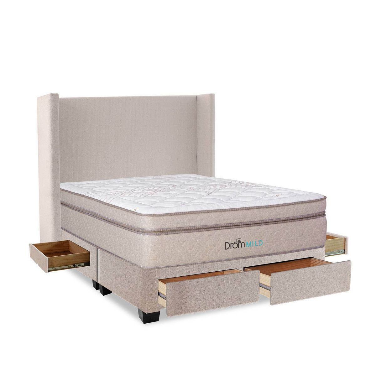 DROM - Dormitorio con Cajones Mild Queen + 2 Almohadas Viscoelásticas + Protector