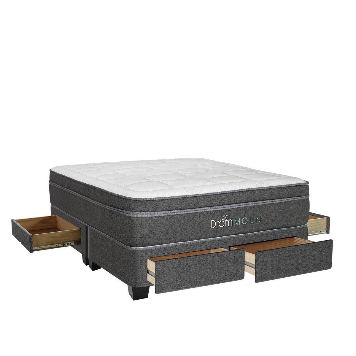 DROM - Cama con Cajones Moln Queen + 2 Almohadas Viscoelásticas y Protector