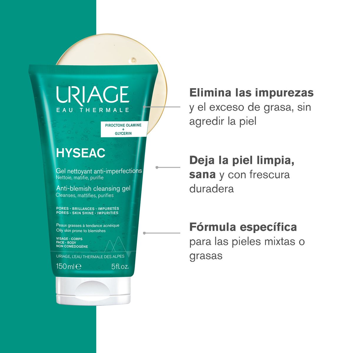 URIAGE - Uriage Hyséac Gel Limpiador 150ml -Limpiador facial para pieles mixtas a grasas con tendencia acneica