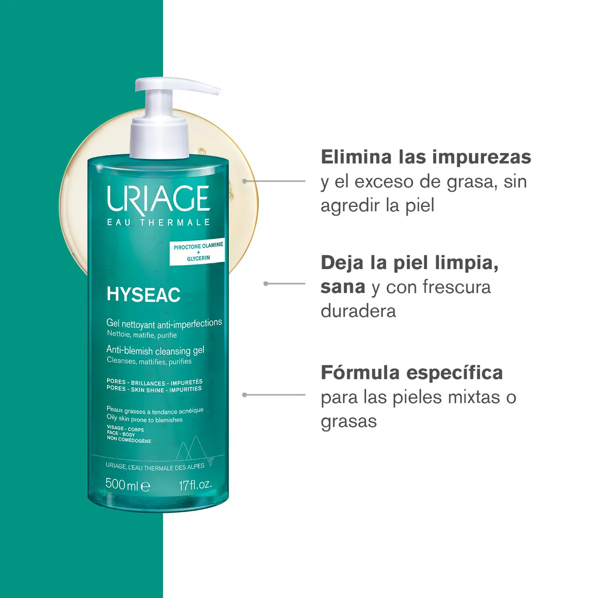 URIAGE - Uriage Hyséac Gel Limpiador 500ml -Limpiador facial para pieles mixtas a grasas con tendencia acneica