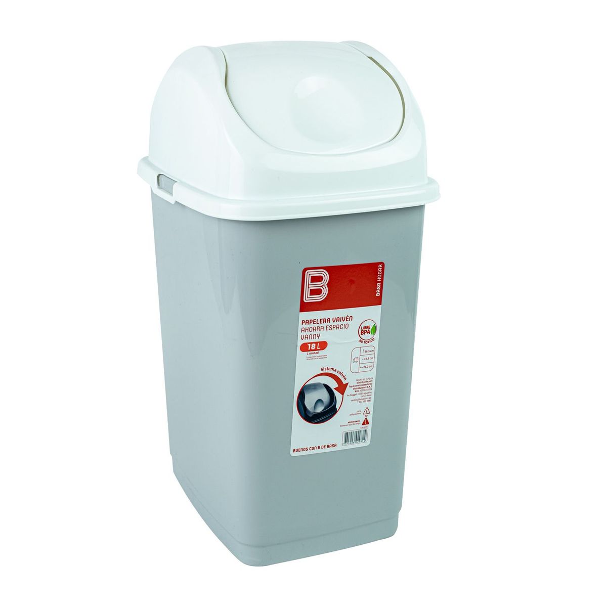 BASA -  Papelera Vaivén Ahorra Espacio Vanny 18 lt Gris C/ Blanco