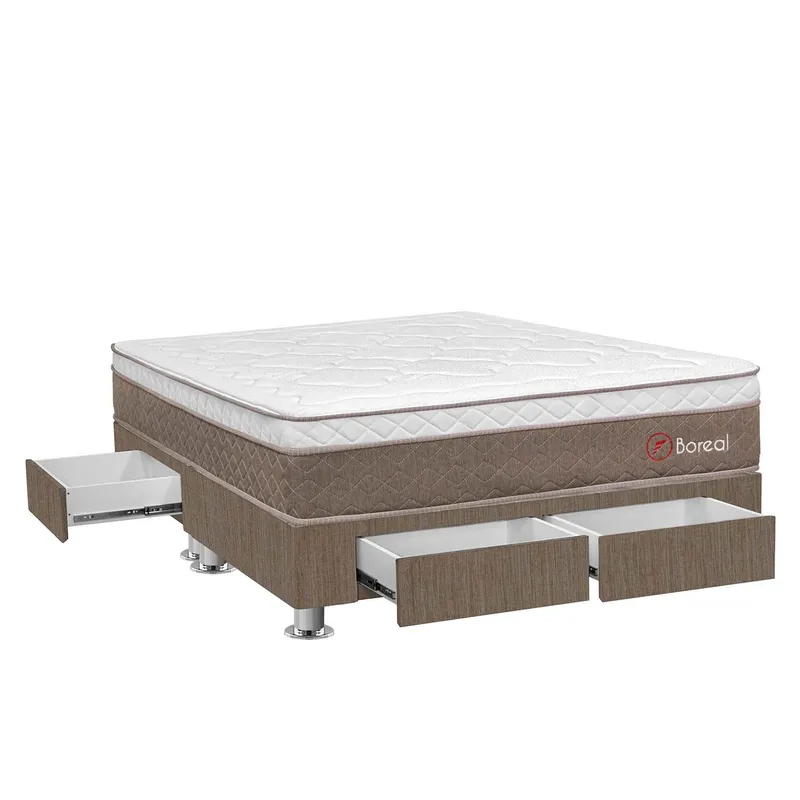 FORLI - Cama Con Cajones Boreal Pocket Ss Queen + 2 Almohadas Viscoelásticas + Protector