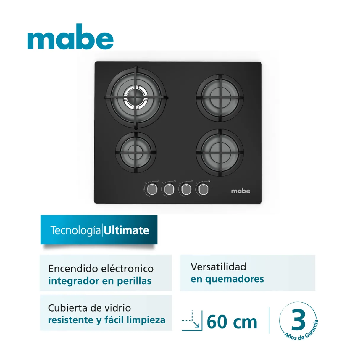 MABE - Encimera gas negro 60cm PM6045GV0 empotrable Mabe
