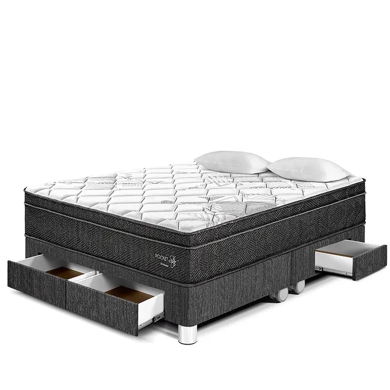 PARAISO - Cama Con Cajones Pocket Star Queen + 2 Almohadas + Protector